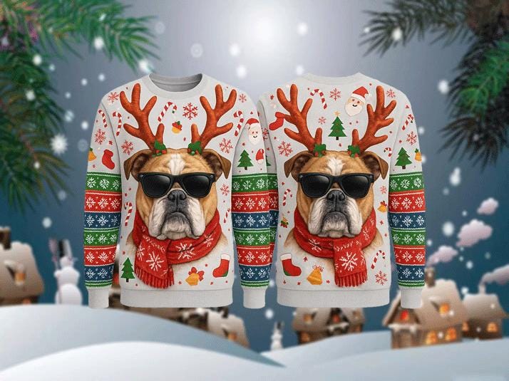 Ugly Christmas Sweater Bulldog, Funny Dog Reindeer Xmas Sweatshirt, Holiday Party Outfit, Cool Pet Lover Winter Gift Pullover