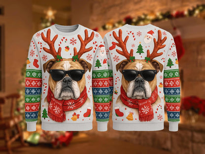 Ugly Christmas Sweater Bulldog, Funny Dog Reindeer Xmas Sweatshirt, Holiday Party Outfit, Cool Pet Lover Winter Gift Pullover