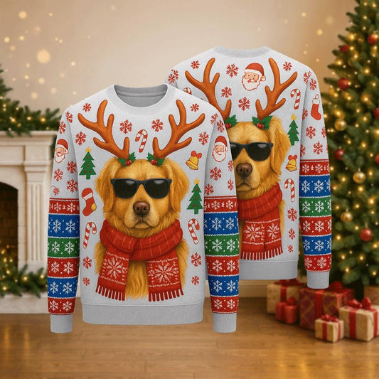 Ugly Christmas Sweater Golden Retriever, Funny Dog Reindeer Xmas Sweatshirt, Holiday Party Outfit, Pet Lover Winter Gift Pullover