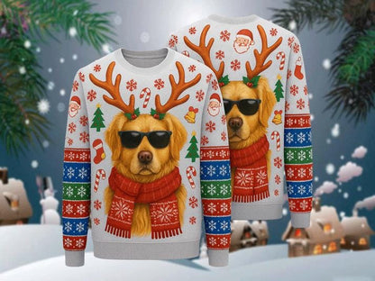 Ugly Christmas Sweater Golden Retriever, Funny Dog Reindeer Xmas Sweatshirt, Holiday Party Outfit, Pet Lover Winter Gift Pullover