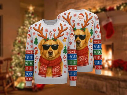 Ugly Christmas Sweater Golden Retriever, Funny Dog Reindeer Xmas Sweatshirt, Holiday Party Outfit, Pet Lover Winter Gift Pullover