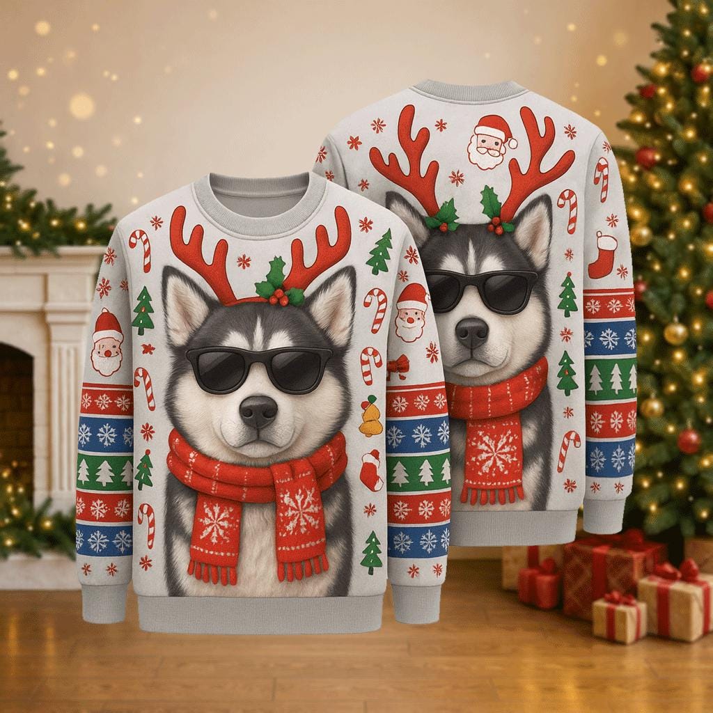 Ugly Christmas Sweater Husky Dog, Funny Reindeer Xmas Sweatshirt, Holiday Party Outfit, Cool Pet Lover Winter Gift Pullover