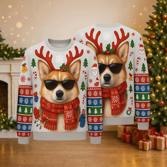 Ugly Christmas Sweater Corgi Dog, Funny Reindeer Xmas Sweatshirt, Holiday Party Outfit, Cool Pet Lover Winter Gift Pullover