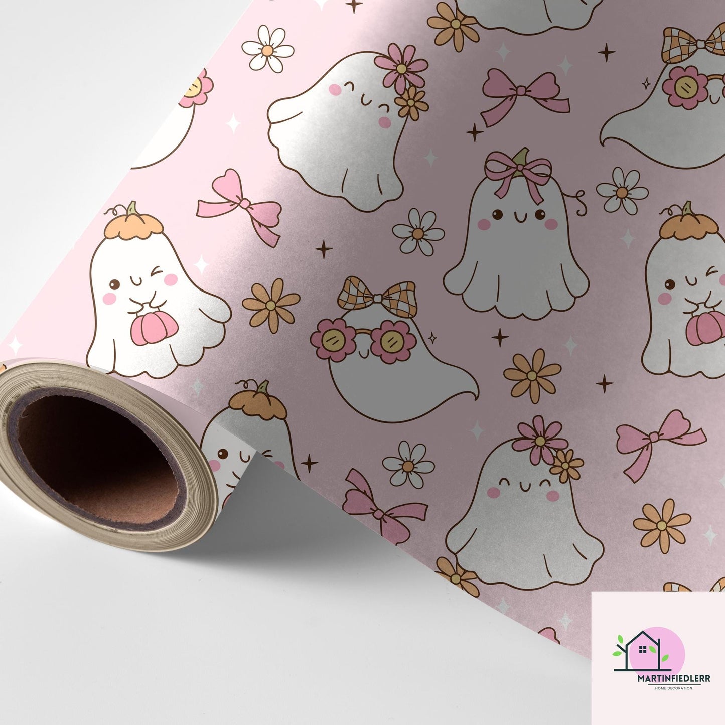 Girly Ghost Halloween Wrapping Paper: Pastel Kids Party Style