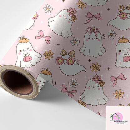Girly Ghost Halloween Wrapping Paper: Pastel Kids Party Style