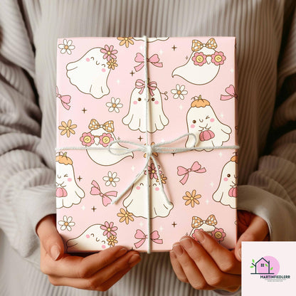 Girly Ghost Halloween Wrapping Paper: Pastel Kids Party Style