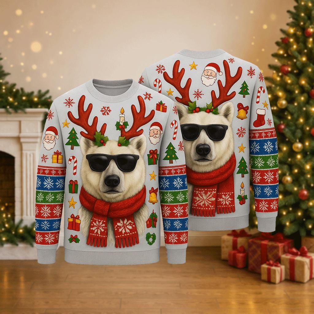 Ugly Christmas Sweater Polar Bear, Funny Reindeer Xmas Sweatshirt, Holiday Party Outfit, Cool Animal Winter Gift Pullover