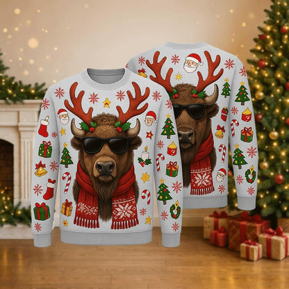 Ugly Christmas Sweater Bison, Funny Buffalo Reindeer Xmas Sweatshirt, Holiday Party Outfit, Cool Animal Winter Gift Pullover