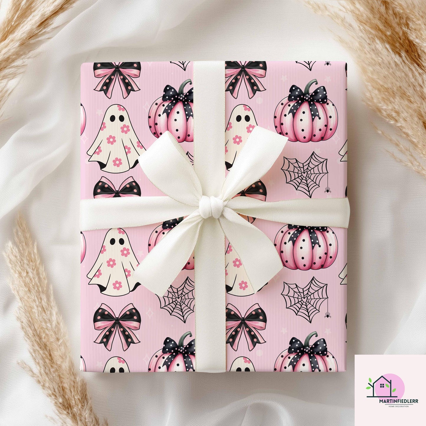 Pink Pumpkin Ghost Halloween Wrapping Paper: Pastel Kids Party, Recycled