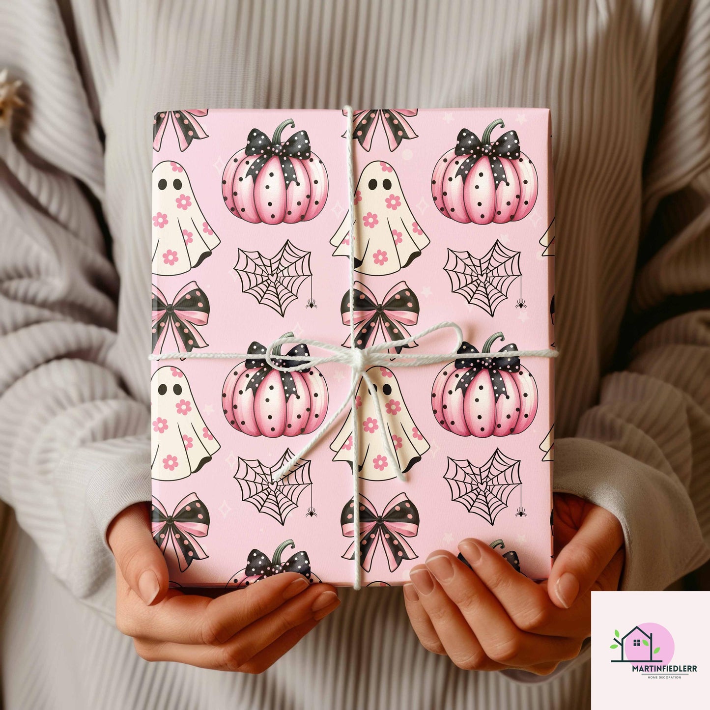 Pink Pumpkin Ghost Halloween Wrapping Paper: Pastel Kids Party, Recycled