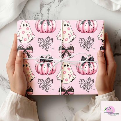 Pink Pumpkin Ghost Halloween Wrapping Paper: Pastel Kids Party, Recycled