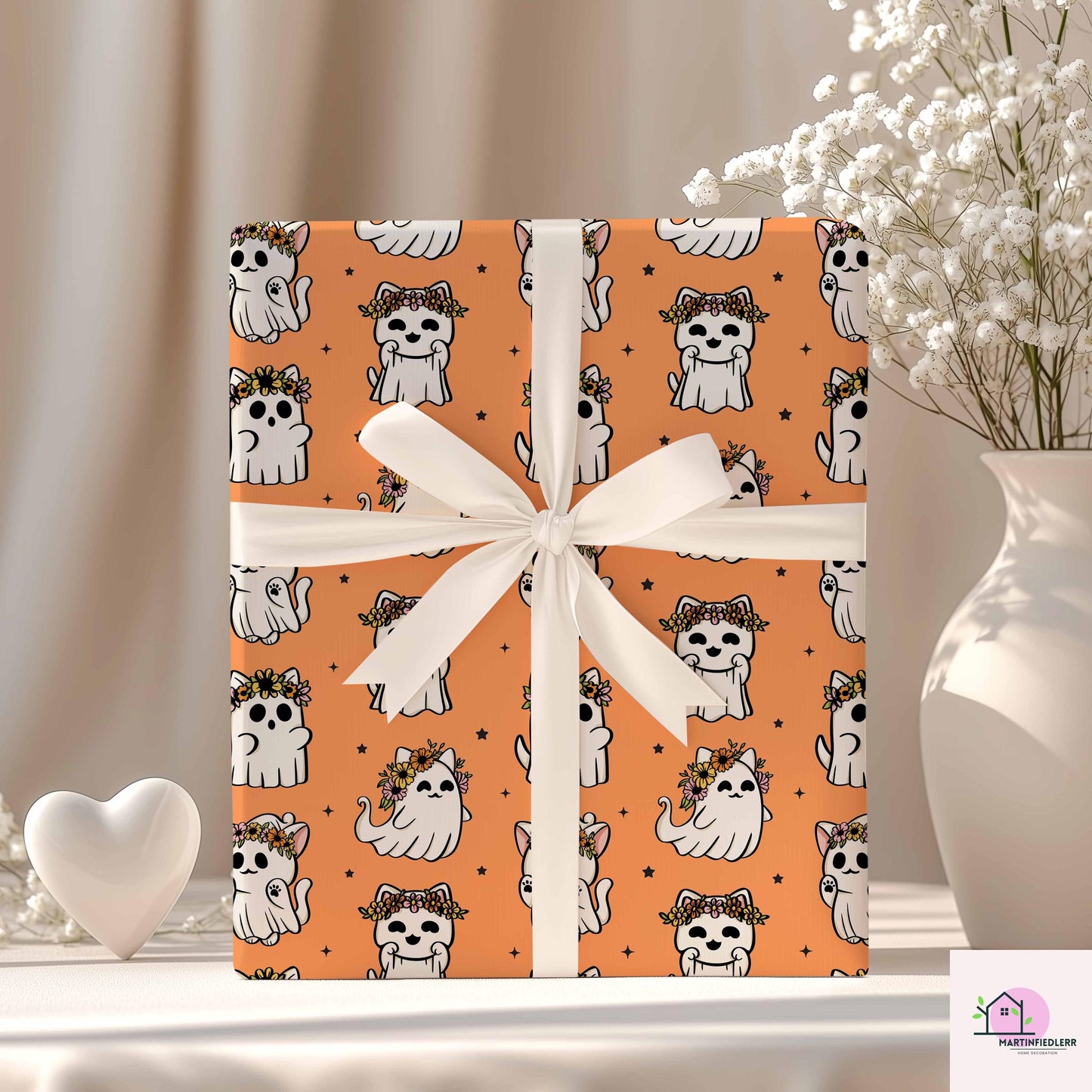 Cat Ghost Wrapping Paper: Compostable Fiber Paper, Cute Floral Halloween Style, Kids Party Wrapping Paper