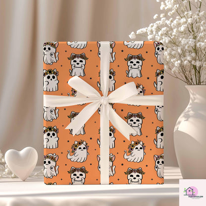 Cat Ghost Wrapping Paper: Compostable Fiber Paper, Cute Floral Halloween Style, Kids Party Wrapping Paper