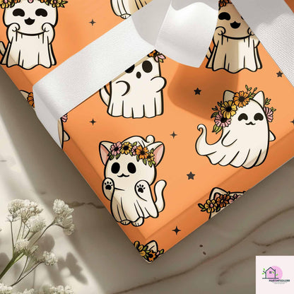 Cat Ghost Wrapping Paper: Compostable Fiber Paper, Cute Floral Halloween Style, Kids Party Wrapping Paper