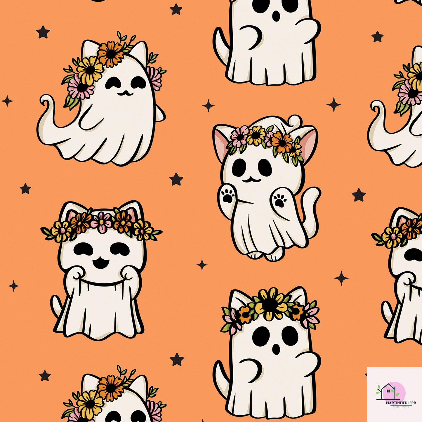 Cat Ghost Wrapping Paper: Compostable Fiber Paper, Cute Floral Halloween Style, Kids Party Wrapping Paper