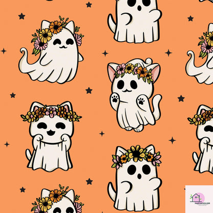 Cat Ghost Wrapping Paper: Compostable Fiber Paper, Cute Floral Halloween Style, Kids Party Wrapping Paper