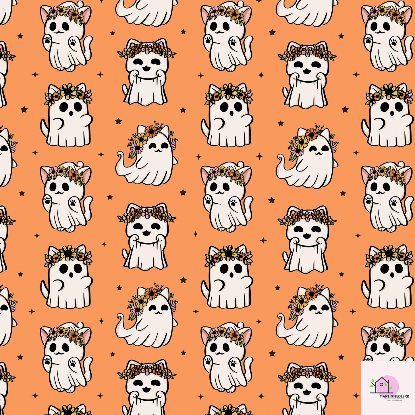 Cat Ghost Wrapping Paper: Compostable Fiber Paper, Cute Floral Halloween Style, Kids Party Wrapping Paper