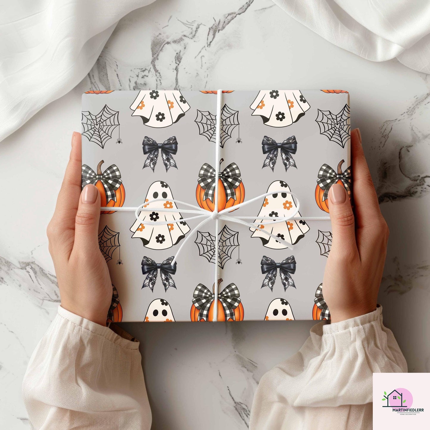 Pumpkin Ghost Halloween Wrapping Paper: Recycled Gingham Print