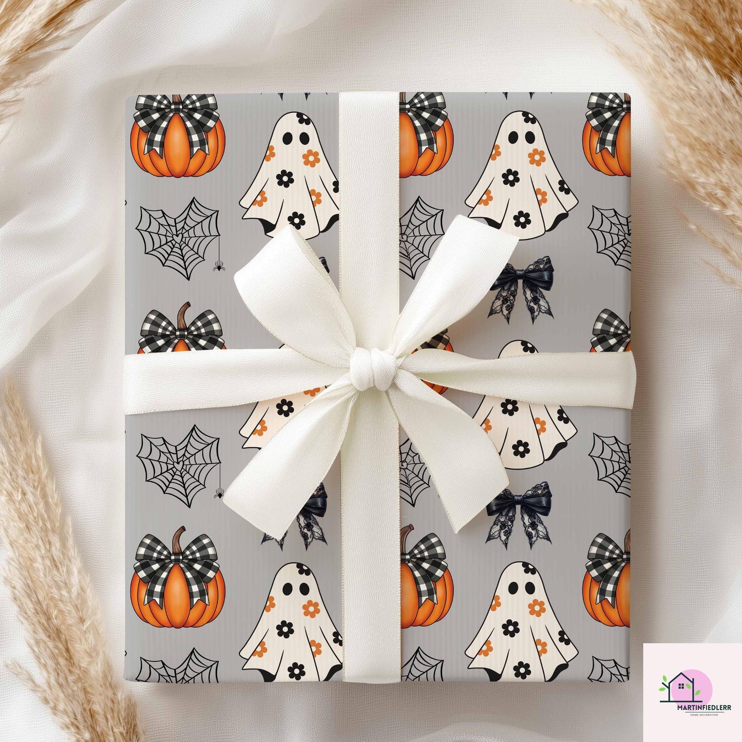 Pumpkin Ghost Halloween Wrapping Paper: Recycled Gingham Print