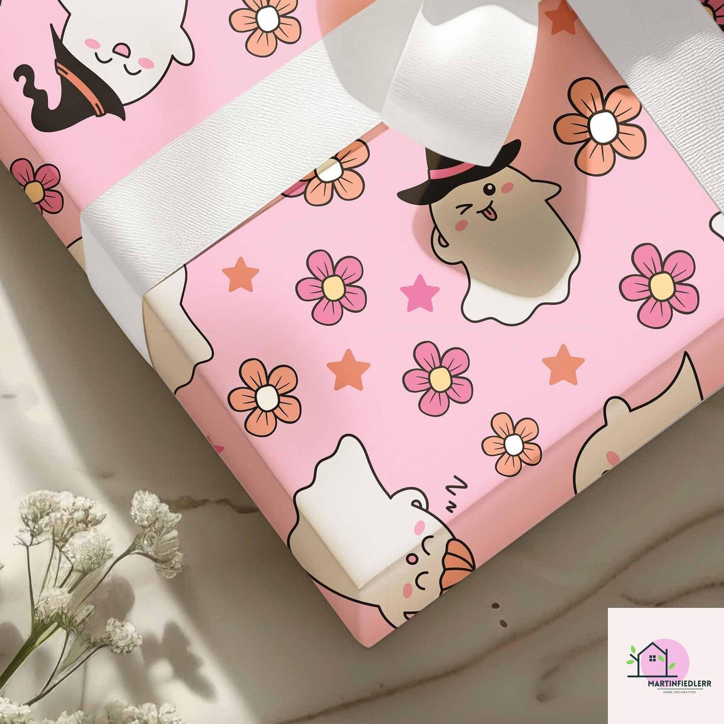 Floral Ghost Halloween Wrapping Paper: Pastel Kids Party Decor