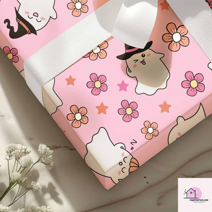 Floral Ghost Halloween Wrapping Paper: Pastel Kids Party Decor