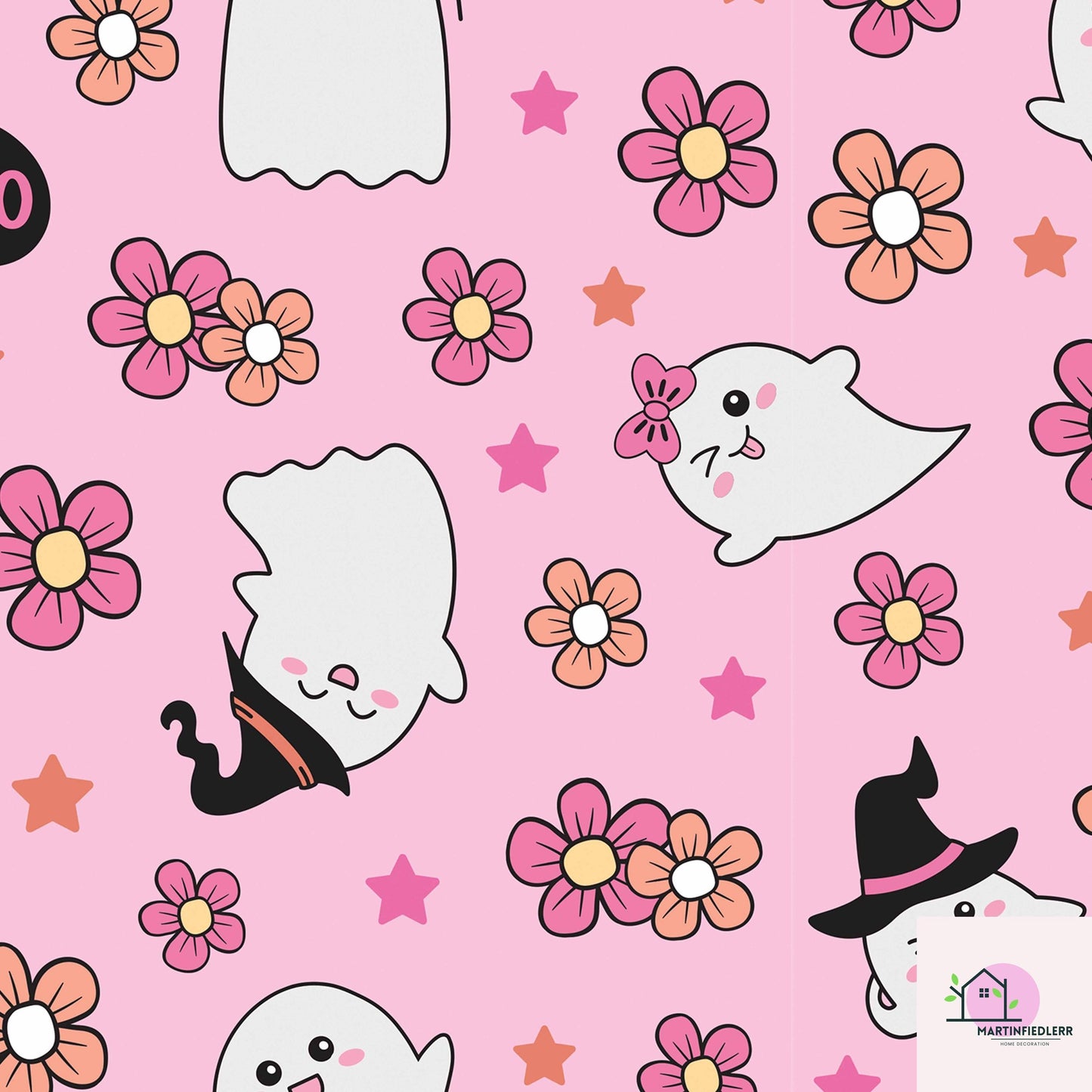 Floral Ghost Halloween Wrapping Paper: Pastel Kids Party Decor