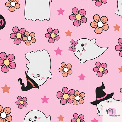 Floral Ghost Halloween Wrapping Paper: Pastel Kids Party Decor