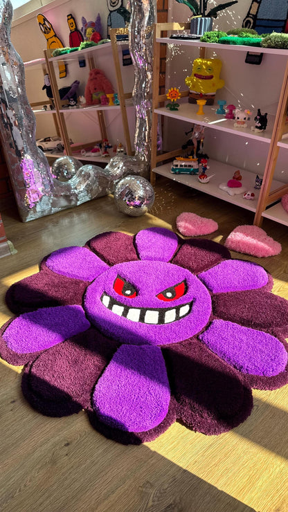 Evil Flower Gengar Puffy Tufted Rug – Custom Handmade 3D Carpet, Fluffy Kawaii Goth Decor, Creepy-Cute Rug for Bedroom size 3 x 3 ft