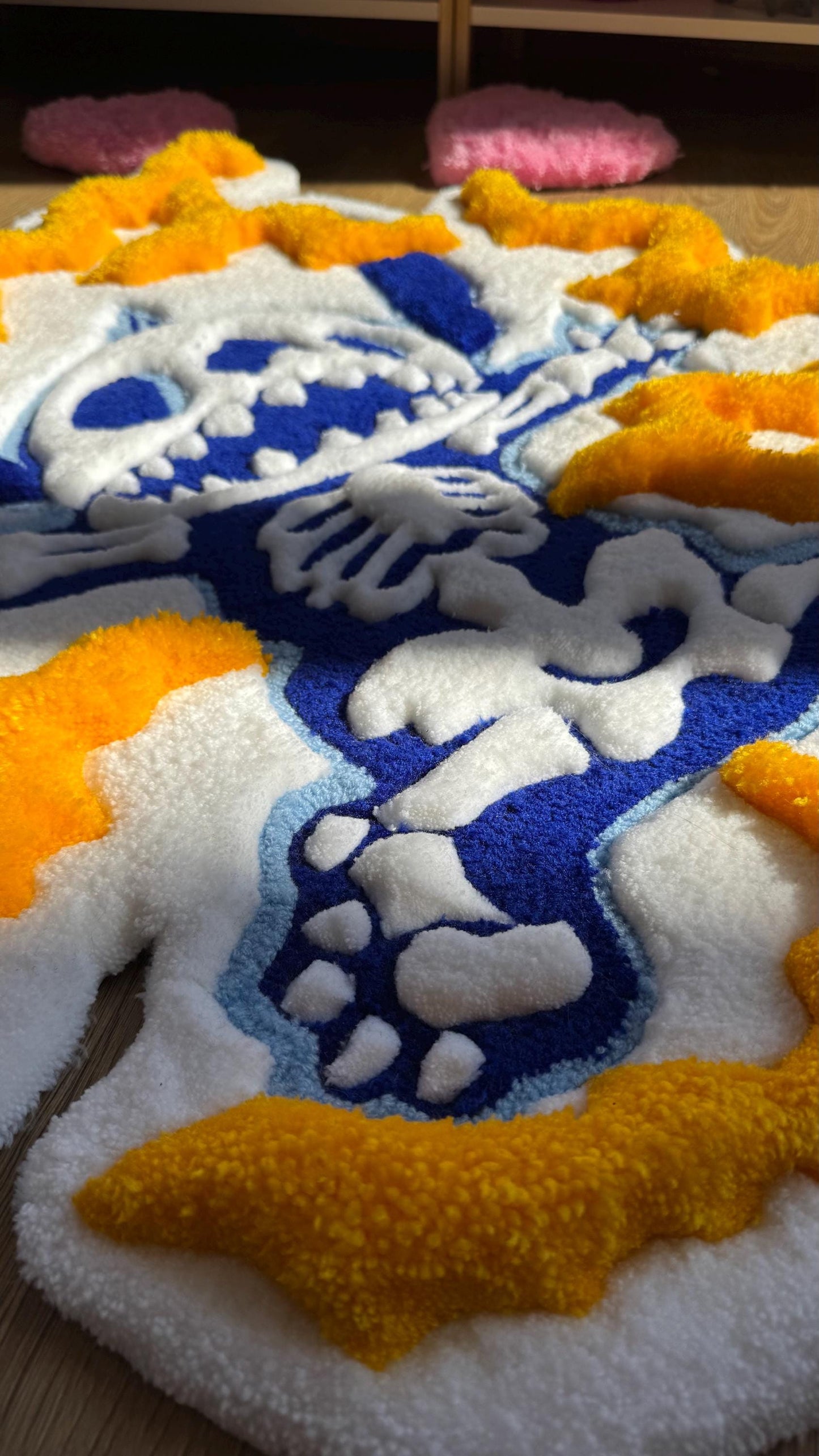 Skeleton Handmade Puffy Tufted Rug – Custom Handmade 3D Carpet, Fluffy Kawaii Goth Decor, Creepy-Cute Rug for Bedroom size 3 x 3 ft