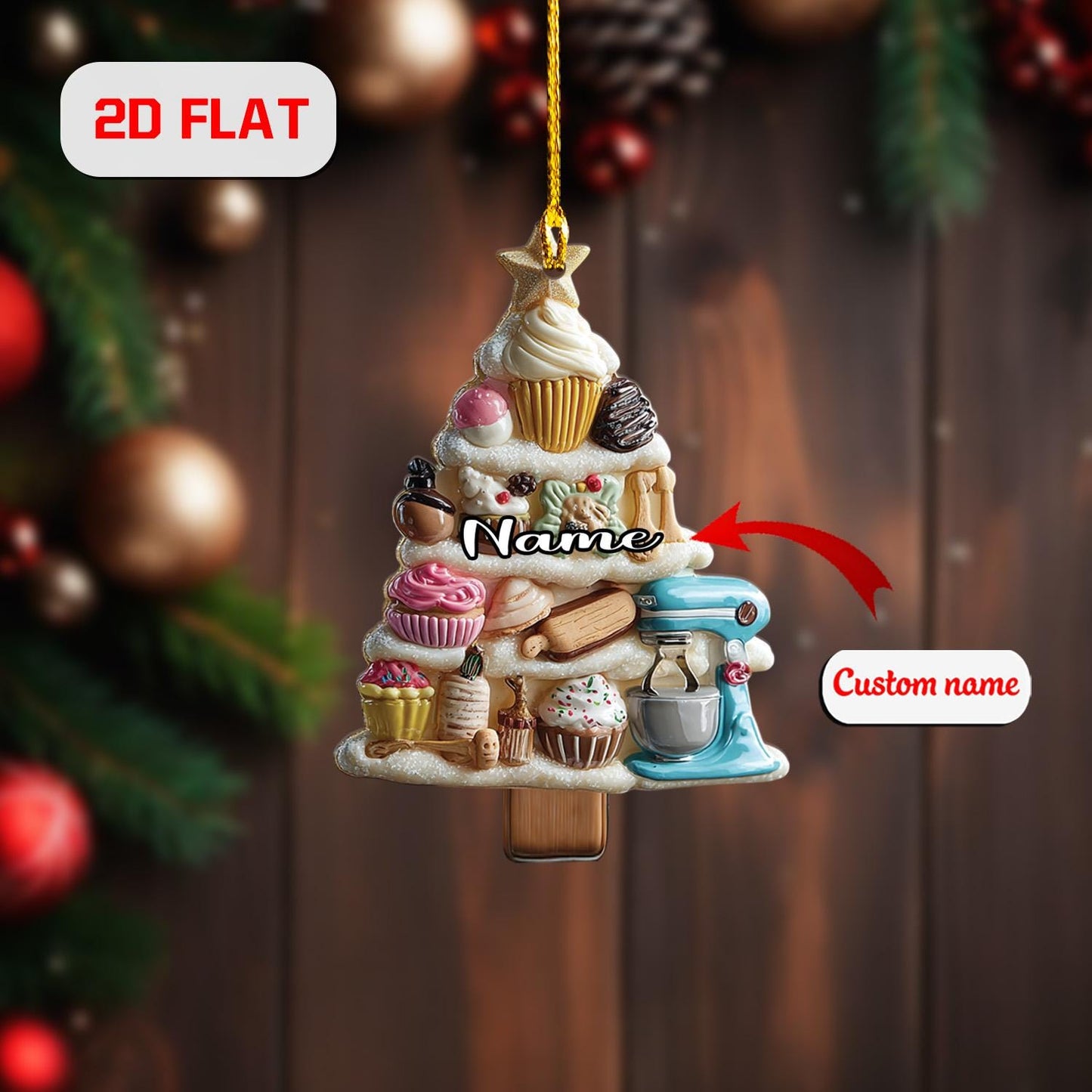Personalized Baking Christmas Ornament, Custom Name Tree with Cupcakes and Sweets, Holiday Kitchen Decor, Gift for Bakers
