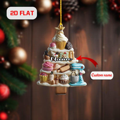 Personalized Baking Christmas Ornament, Custom Name Tree with Cupcakes and Sweets, Holiday Kitchen Decor, Gift for Bakers
