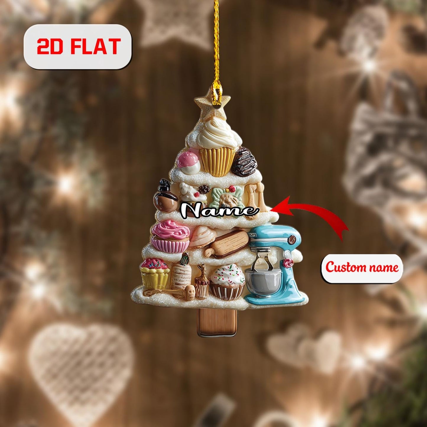 Personalized Baking Christmas Ornament, Custom Name Tree with Cupcakes and Sweets, Holiday Kitchen Decor, Gift for Bakers