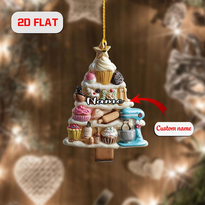 Personalized Baking Christmas Ornament, Custom Name Tree with Cupcakes and Sweets, Holiday Kitchen Decor, Gift for Bakers