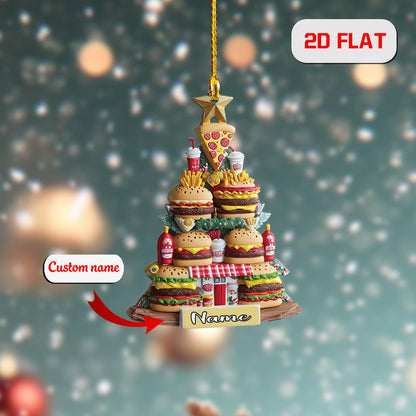 Personalized Fast Food Christmas Ornament, Custom Name Burger Pizza Fries Tree, Funny Holiday Decor, Gift for Food Lovers