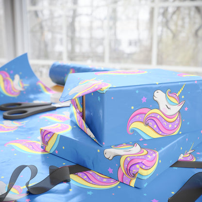 Magical Unicorn Gift Wrap: Blue Kids Wrapping Paper for Parties