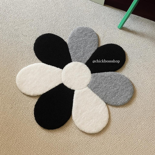 Black White  Flower Tufted Rug -  Boho Home Decor Tufting - Retro Style Aesthetic Handmade Tufted Rugs