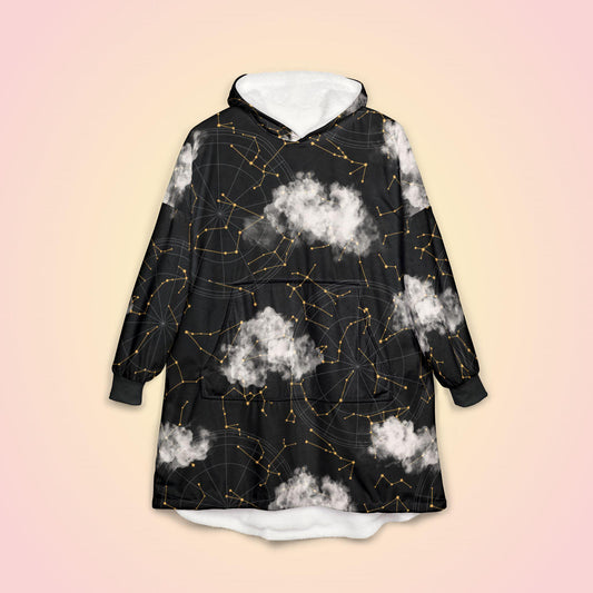 Cozy Cloud and Astrological Star Constellation Unisex Hooded Blanket - Celestial Zodiac Snuggie Hooded Sweater, Fluffy Lined Extra Warm
