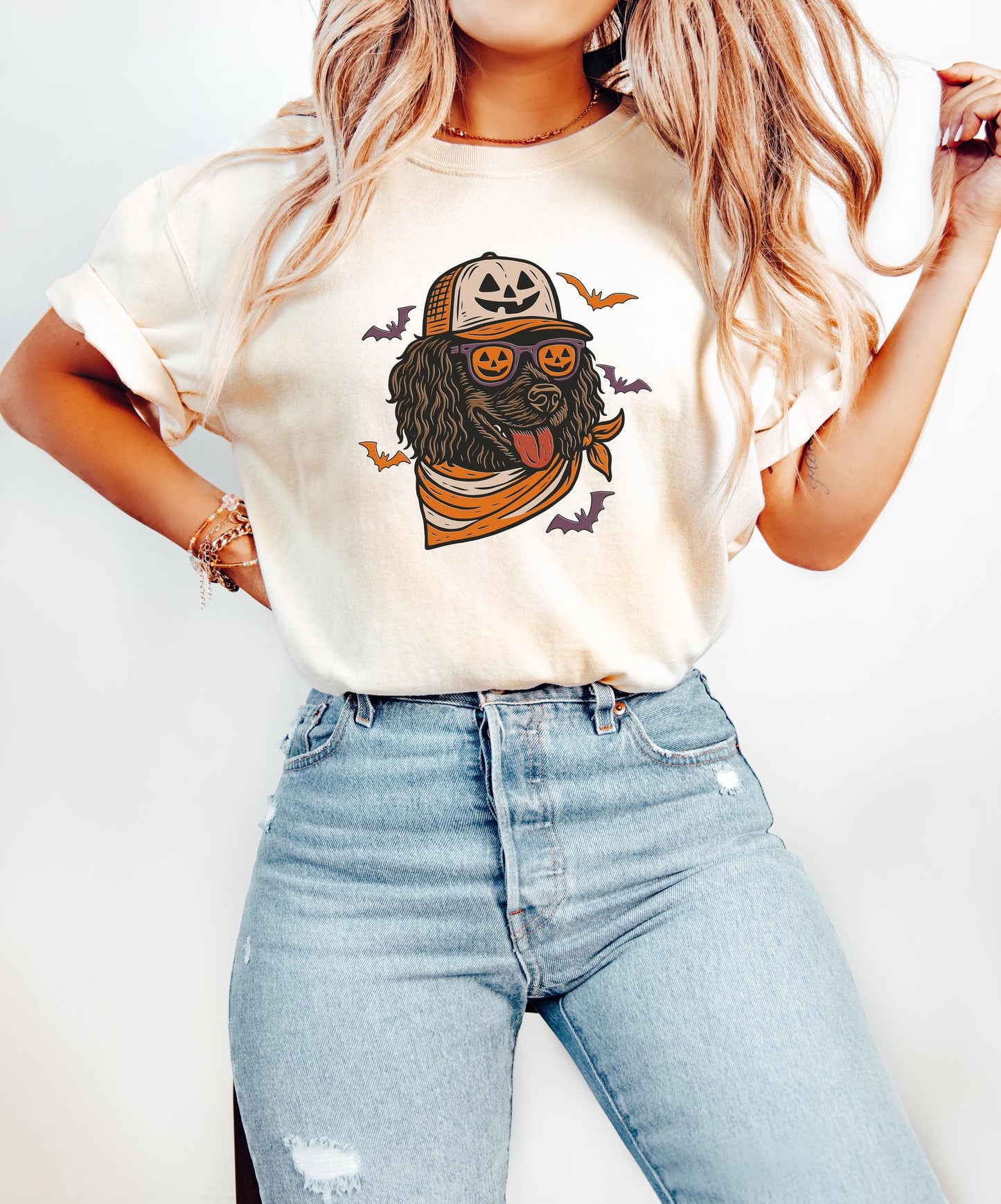 Boykin Spaniel with Pumpkin Trucker Hat and Sunglasses Shirt, Halloween Cool Dog Shirt, Funny Fall Halloween Tee for Dog Lovers & Dog Moms