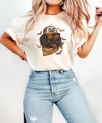 Boykin Spaniel with Pumpkin Trucker Hat and Sunglasses Shirt, Halloween Cool Dog Shirt, Funny Fall Halloween Tee for Dog Lovers & Dog Moms