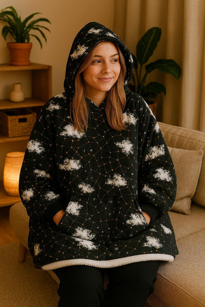 Cozy Cloud and Astrological Star Constellation Unisex Hooded Blanket - Celestial Zodiac Snuggie Hooded Sweater, Fluffy Lined Extra Warm