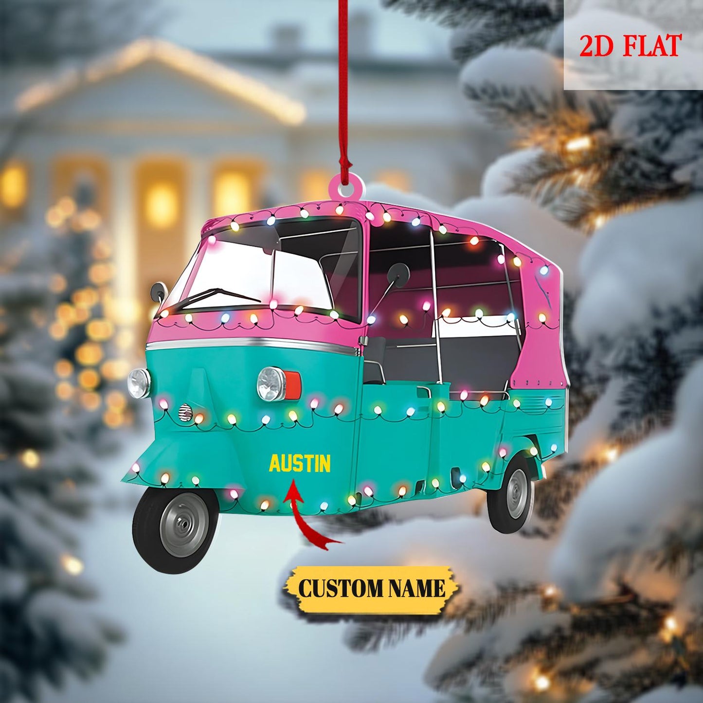 Custom Scooter Auto Rickshaw Truck 2D Flat Acrylic Ornament, Rickshaw Scooter Xmas Ornament,Motorcycles Lovers Xmas, Drives Hanging Ornament