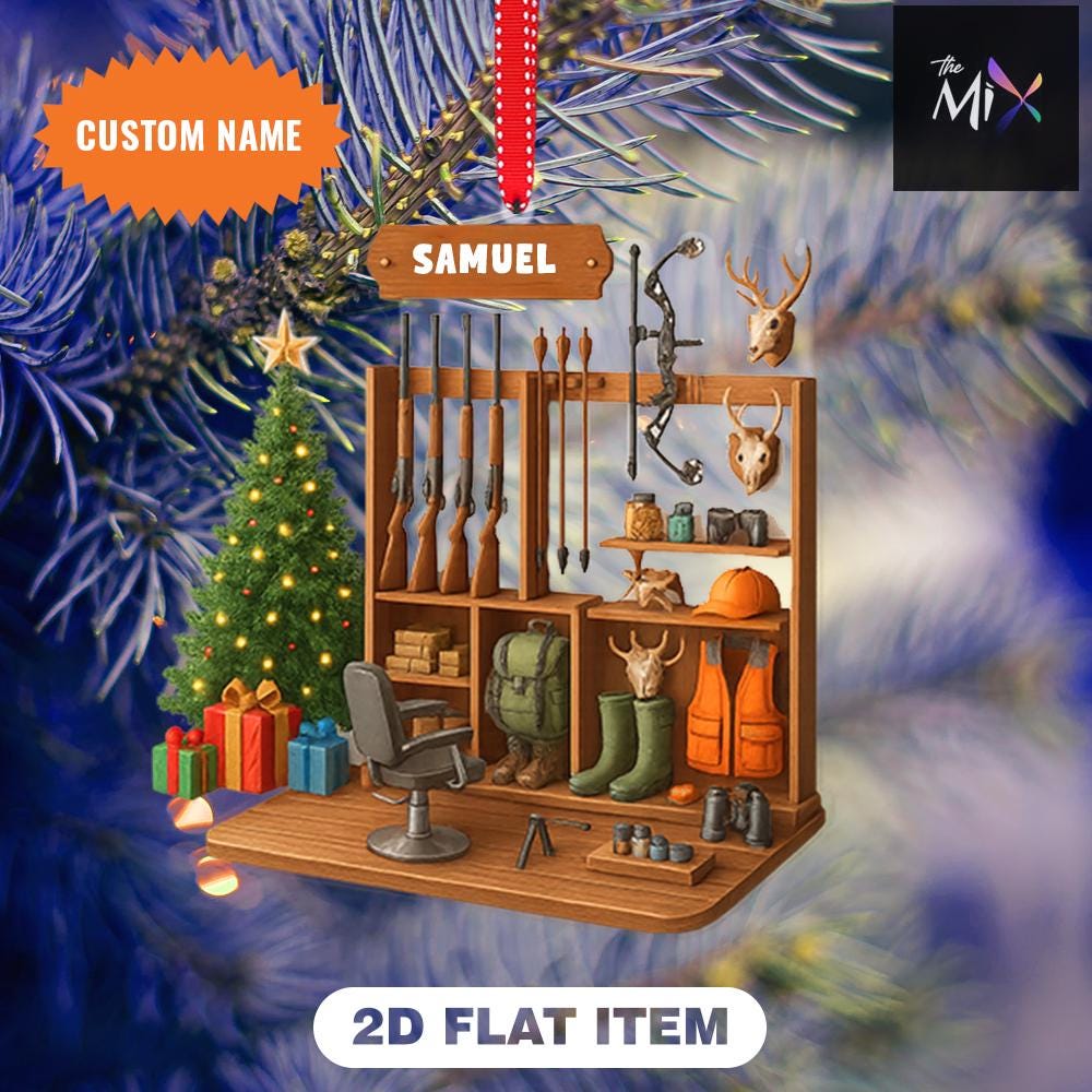 Custom Name Hunting Room Ornament, 2D Flat Ornament,  Acrylic or Wood Personalized Gift, Hunter Christmas Ornament Gift, Gift for Hunter