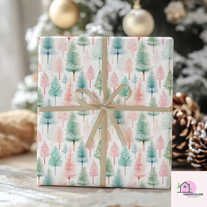 Watercolor Christmas Wrapping Paper: Recyclable Paper, Winter Holiday, Pastel Tree, Elegant Gift Wrap