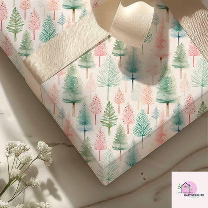 Watercolor Christmas Wrapping Paper: Recyclable Paper, Winter Holiday, Pastel Tree, Elegant Gift Wrap