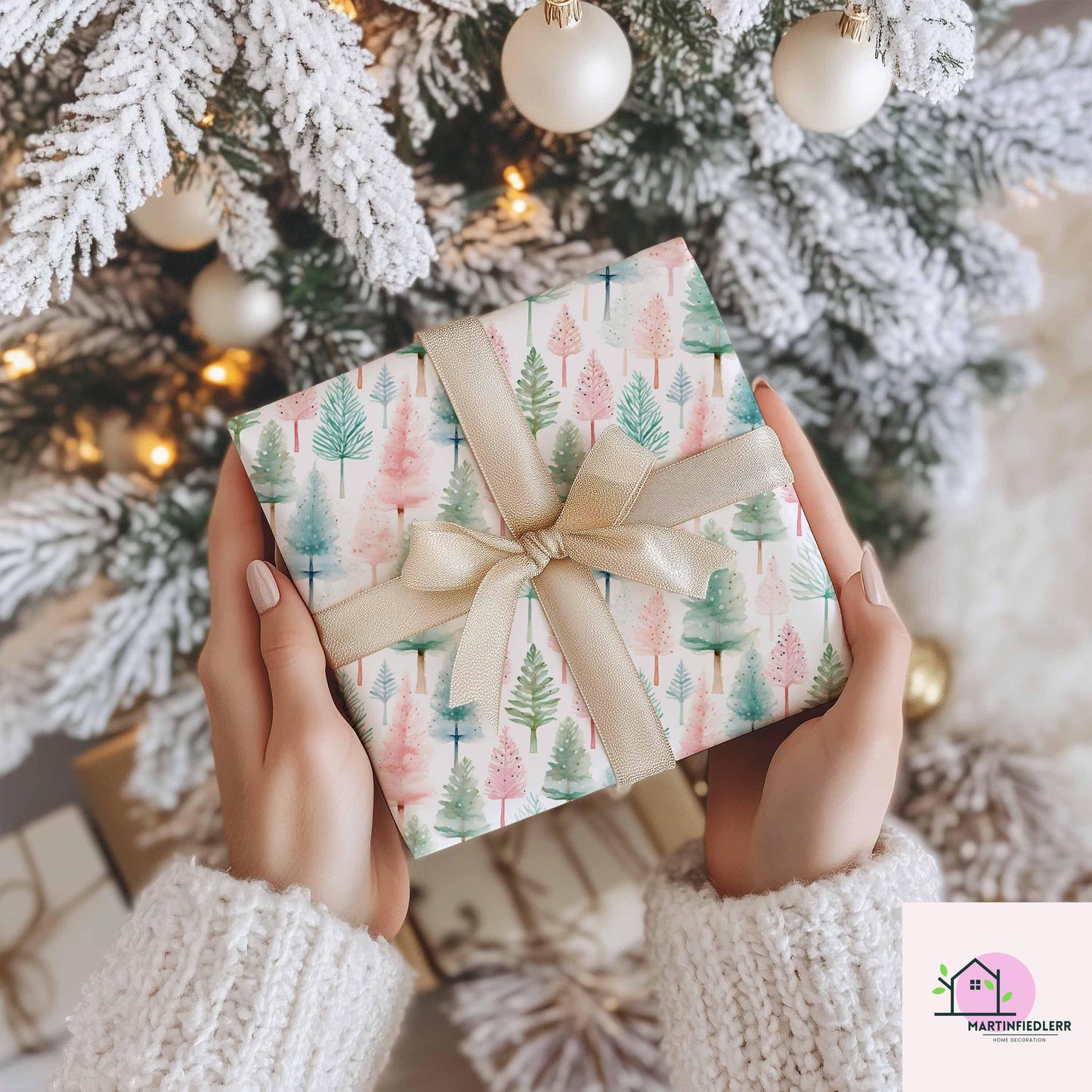 Watercolor Christmas Wrapping Paper: Recyclable Paper, Winter Holiday, Pastel Tree, Elegant Gift Wrap