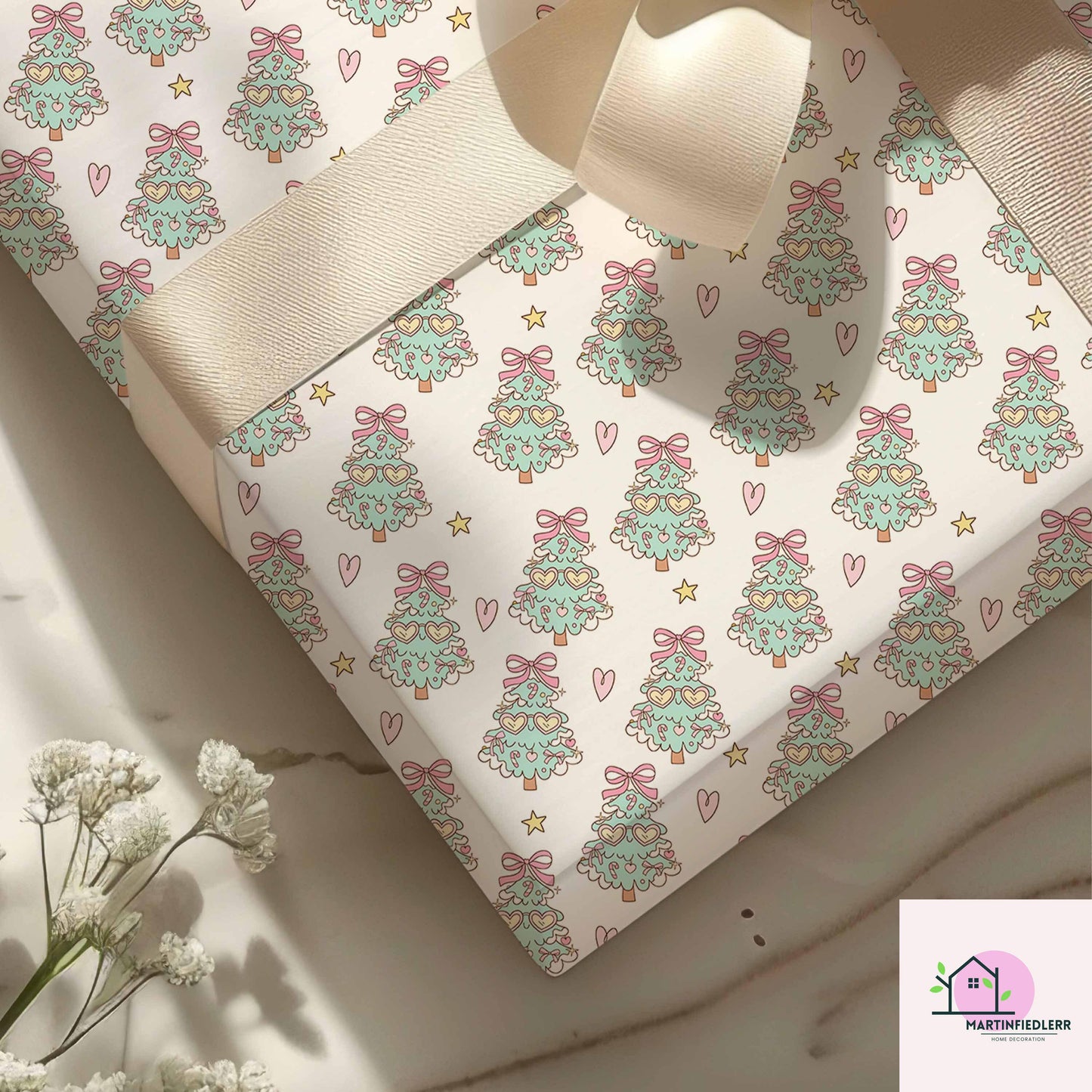 Funny Christmas Tree Wrapping Paper, Recyclable Paper, Cute Heart Star Design, Winter Holiday Gift Wrap