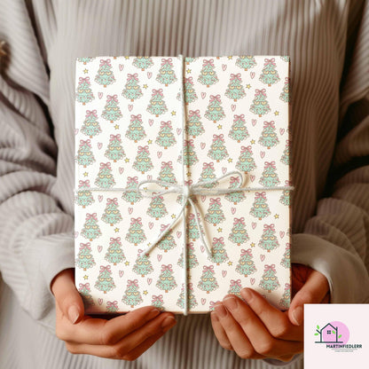 Funny Christmas Tree Wrapping Paper, Recyclable Paper, Cute Heart Star Design, Winter Holiday Gift Wrap