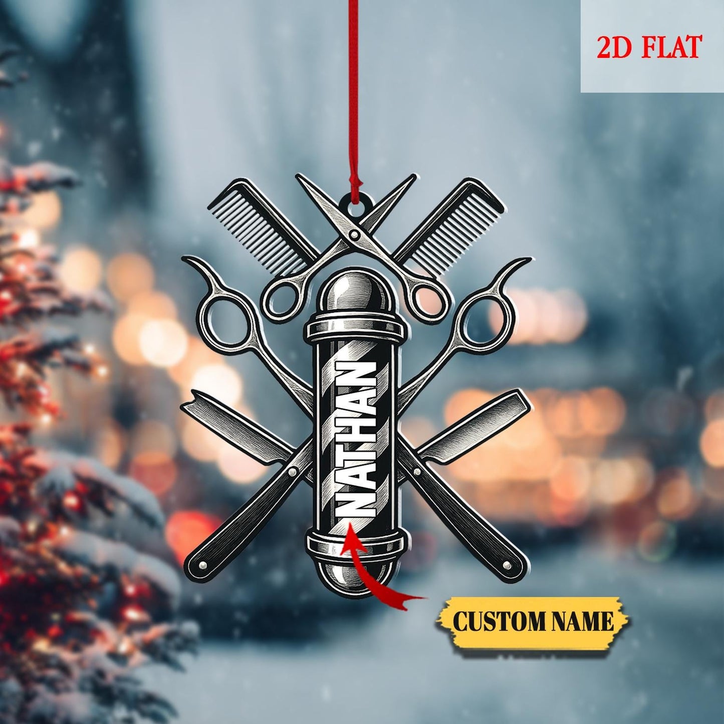 Personalized Barber 2D Flat Ornament, Hair Stylist Christmas Ornament, Salon Tools Holiday Decor, Barber Pole Gift, Haircut Ornament