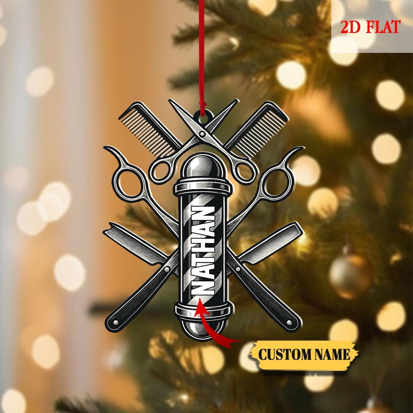 Personalized Barber 2D Flat Ornament, Hair Stylist Christmas Ornament, Salon Tools Holiday Decor, Barber Pole Gift, Haircut Ornament