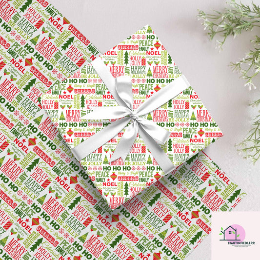 Christmas Typography Wrapping Paper: Red & Green Holiday Word Art